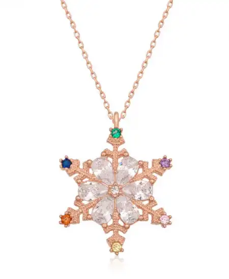 Gümüş Rose Renkli Taşlı Kar Tanesi Kadın Kolye