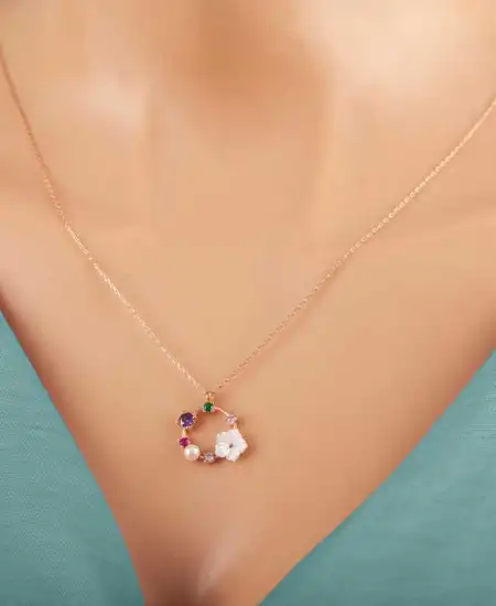 Gümüş Rose Renkli Taşlı Manolya Çiçeği Kadın Kolye