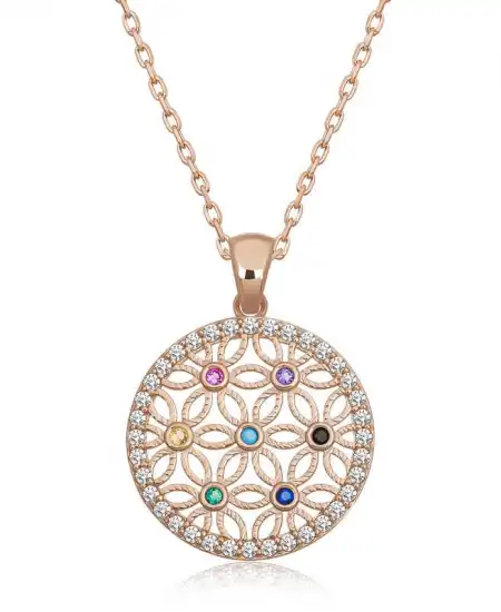 Gümüş Rose Renkli Taşlı Yaşam Çiçeği Kadın Kolye