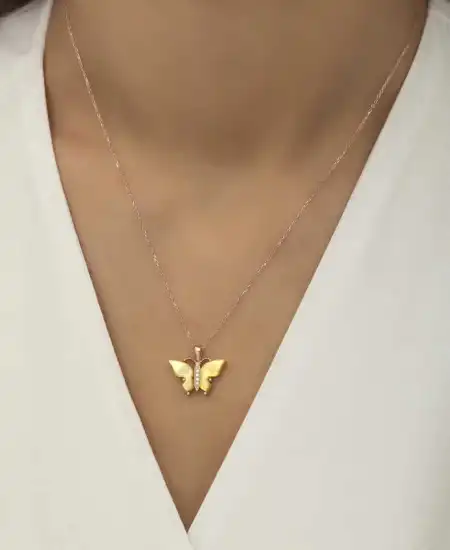 Gümüş Rose Sarı Kaplangözü Taşlı Kelebek Kolye