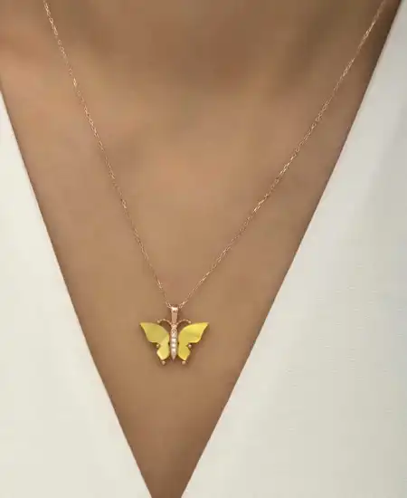 Gümüş Rose Sarı Kaplangözü Taşlı Kelebek Kolye