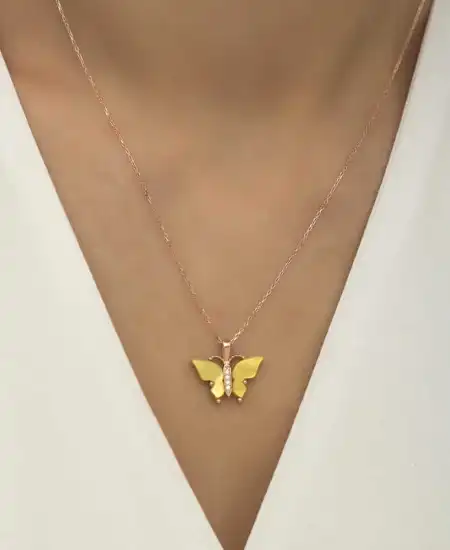 Gümüş Rose Sarı Kaplangözü Taşlı Kelebek Kolye