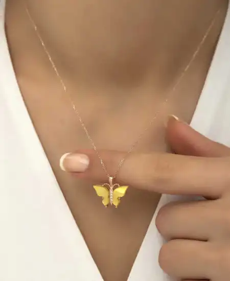Gümüş Rose Sarı Kaplangözü Taşlı Kelebek Kolye