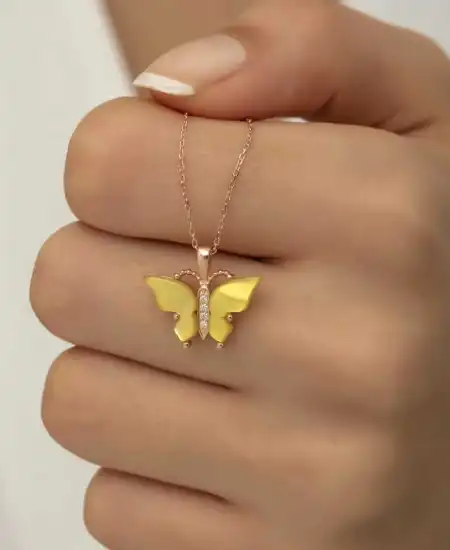 Gümüş Rose Sarı Kaplangözü Taşlı Kelebek Kolye