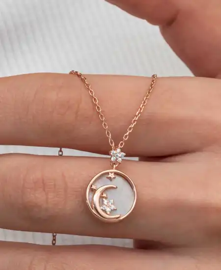 Gümüş Rose Sedef Taşlı Ay Yıldız Hilal Kadın Kolye
