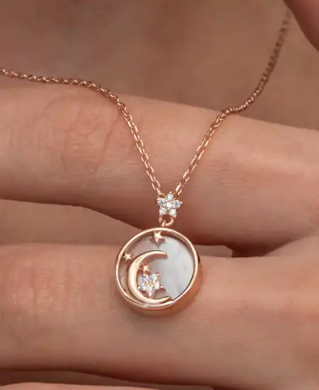 Gümüş Rose Sedef Taşlı Ay Yıldız Hilal Kadın Kolye
