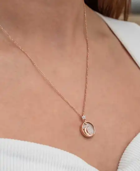Gümüş Rose Sedef Taşlı Ay Yıldız Hilal Kadın Kolye