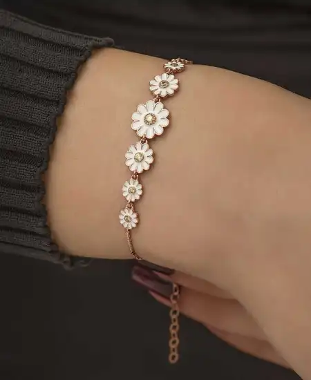 Gümüş Rose Sıralı Papatya Bayan Bileklik
