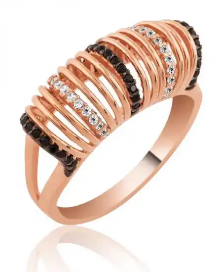 Gümüş Rose Siyah Beyaz Taşlı Bayan Yüzük