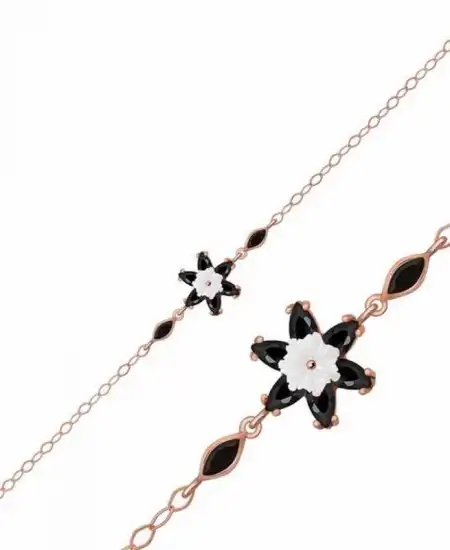 Gümüş Rose Siyah Lotus Çiçeği Bileklik