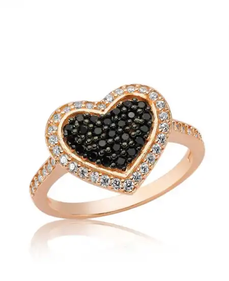 Gümüş Rose Siyah Taşlı Kalp Bayan Yüzük