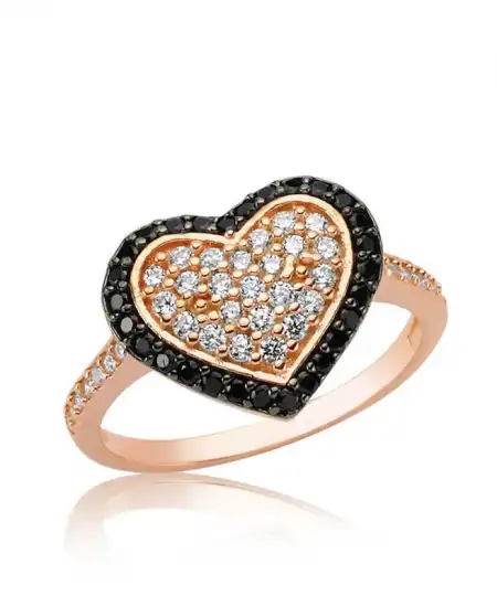 Gümüş Rose Siyah Taşlı Kalp Bayan Yüzük