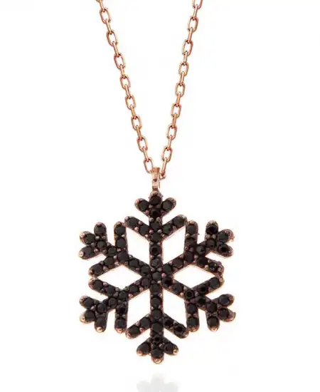 Gümüş Rose Siyah Taşlı Kar Tanesi Kadın Kolye