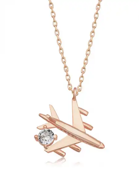 Gümüş Rose Tek Taşlı Uçak Kadın Kolye
