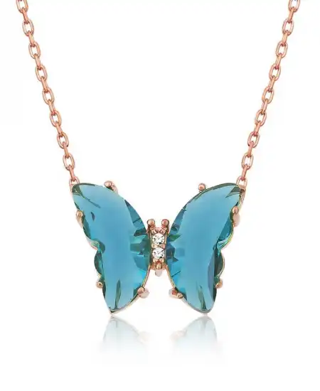 Gümüş Rose Turkuaz Cam Kelebek Kolye
