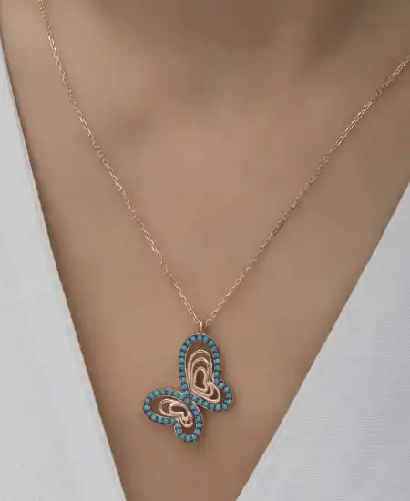 Gümüş Rose Turkuaz Taşlı Kelebek Kadın Kolye