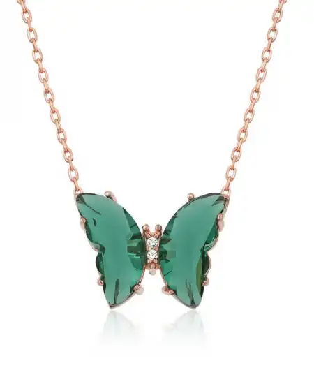 Gümüş Rose Yeşil Cam Kelebek Kolye