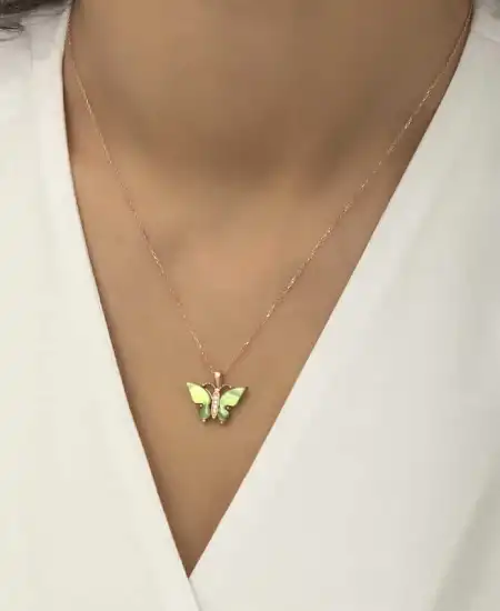 Gümüş Rose Yeşil Kaplangözü Taşlı Kelebek Kolye