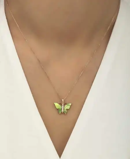 Gümüş Rose Yeşil Kaplangözü Taşlı Kelebek Kolye