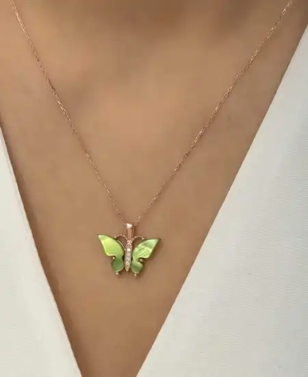 Gümüş Rose Yeşil Kaplangözü Taşlı Kelebek Kolye