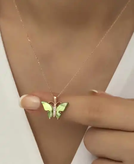 Gümüş Rose Yeşil Kaplangözü Taşlı Kelebek Kolye