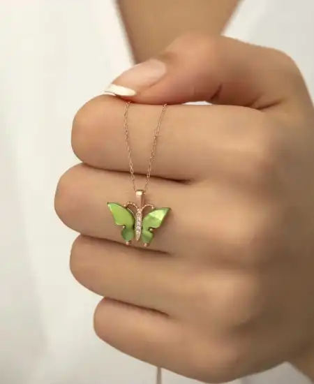 Gümüş Rose Yeşil Kaplangözü Taşlı Kelebek Kolye