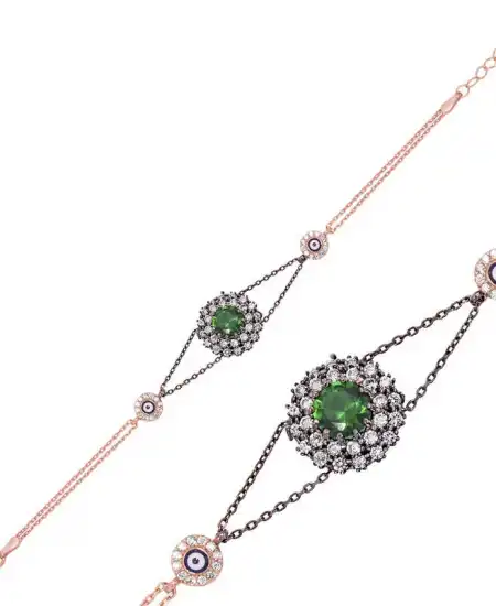 Gümüş Rose Yeşil Taşlı Otantik Bayan Bileklik