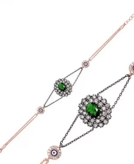 Gümüş Rose Yeşil Taşlı Otantik Bayan Bileklik