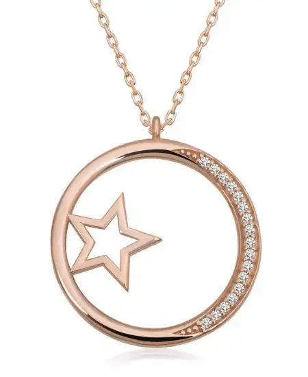Gümüş Rose Yıldız Detaylı Halka Kadın Kolye