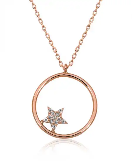 Gümüş Rose Yıldız Detaylı Halka Kolye