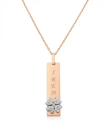 Gümüş Rose Yonca Desenli Plaka Kolye