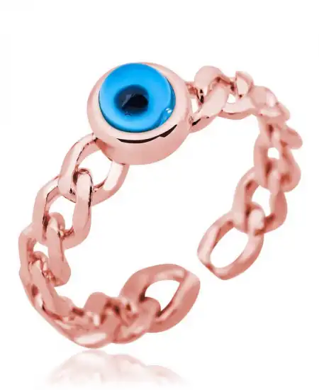 Gümüş Rose Zincir Desenli Nazarlı Bayan Yüzük