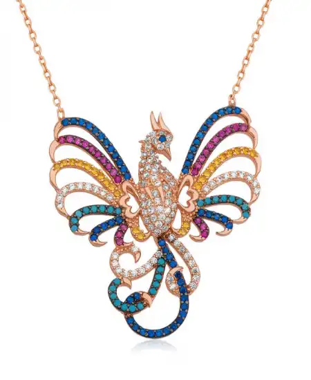 Gümüş Rose Zümrüdü Anka Kuşu Bayan Kolye