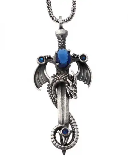 Gümüş Safir Taşlı Ejderha Erkek Kılıç Kolye