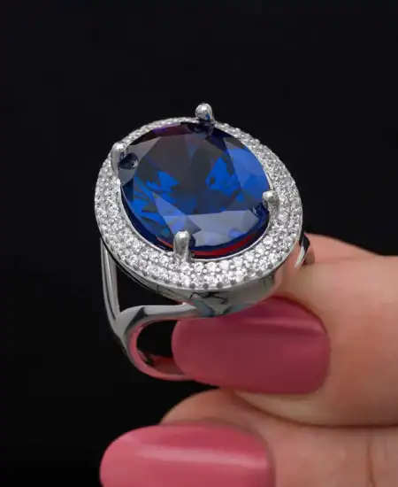 Gümüş Safir Taşlı  Kadın Yüzük