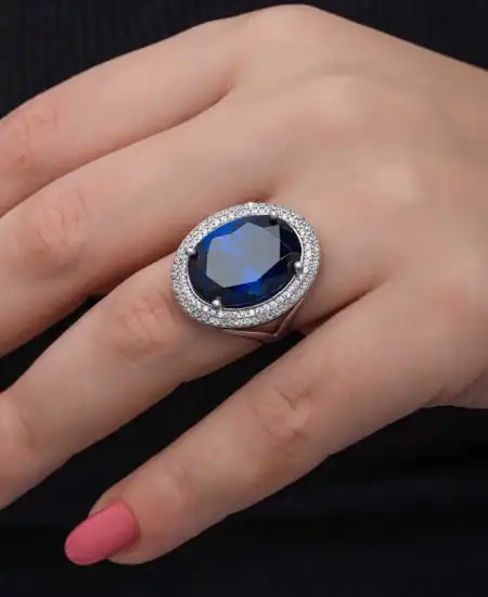 Gümüş Safir Taşlı  Kadın Yüzük