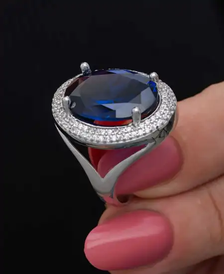 Gümüş Safir Taşlı  Kadın Yüzük