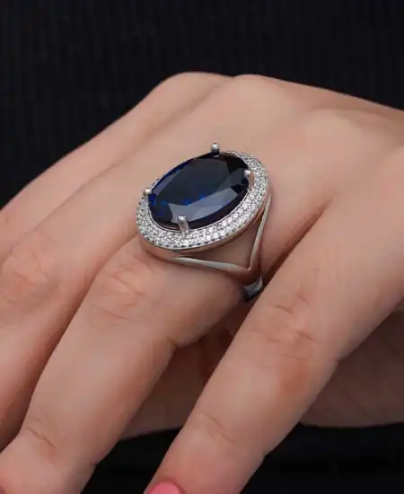 Gümüş Safir Taşlı  Kadın Yüzük