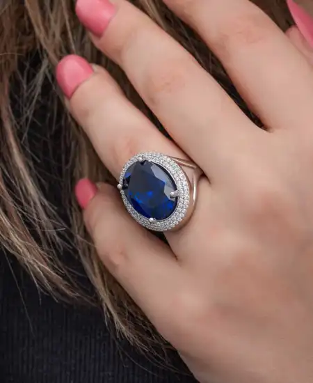Gümüş Safir Taşlı  Kadın Yüzük