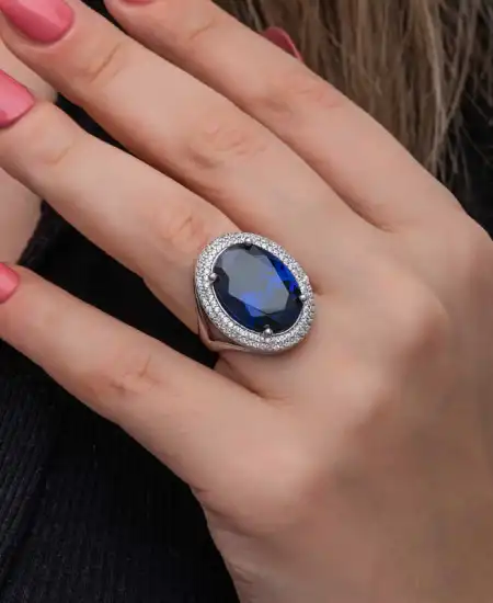 Gümüş Safir Taşlı  Kadın Yüzük