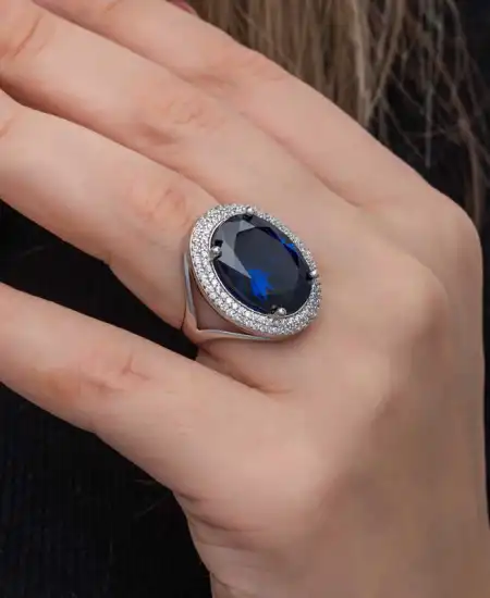 Gümüş Safir Taşlı  Kadın Yüzük
