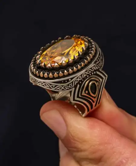 Gümüş Sarı Sitrin Taşlı Desenli Erkek Yüzük