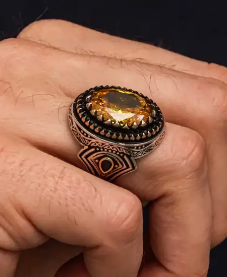 Gümüş Sarı Sitrin Taşlı Desenli Erkek Yüzük
