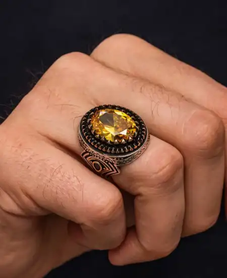 Gümüş Sarı Sitrin Taşlı Desenli Erkek Yüzük