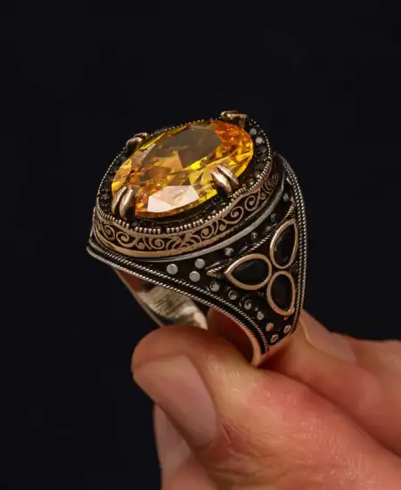 Gümüş Sarı Sitrin Taşlı Erkek Yüzük