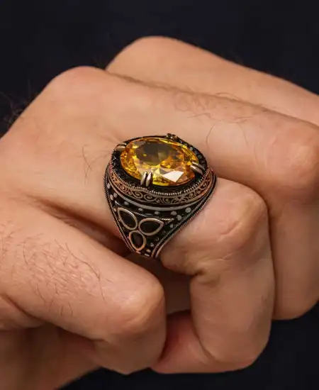 Gümüş Sarı Sitrin Taşlı Erkek Yüzük