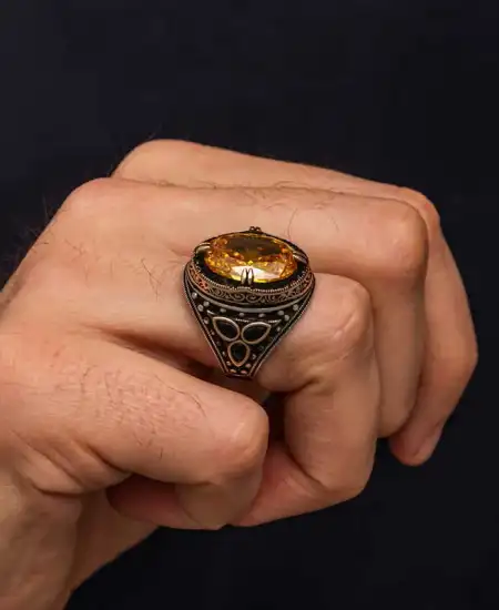 Gümüş Sarı Sitrin Taşlı Erkek Yüzük