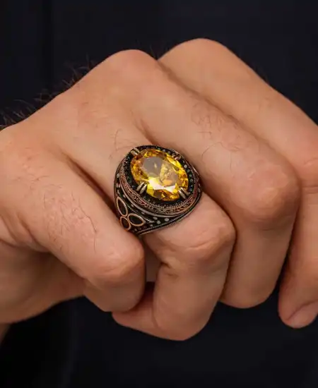 Gümüş Sarı Sitrin Taşlı Erkek Yüzük