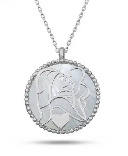 Gümüş Sedef Taşlı Anne Çocuk Sevgisi Kolye