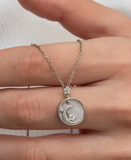 Gümüş Sedef Taşlı Ay Yıldız Hilal Kadın Kolye